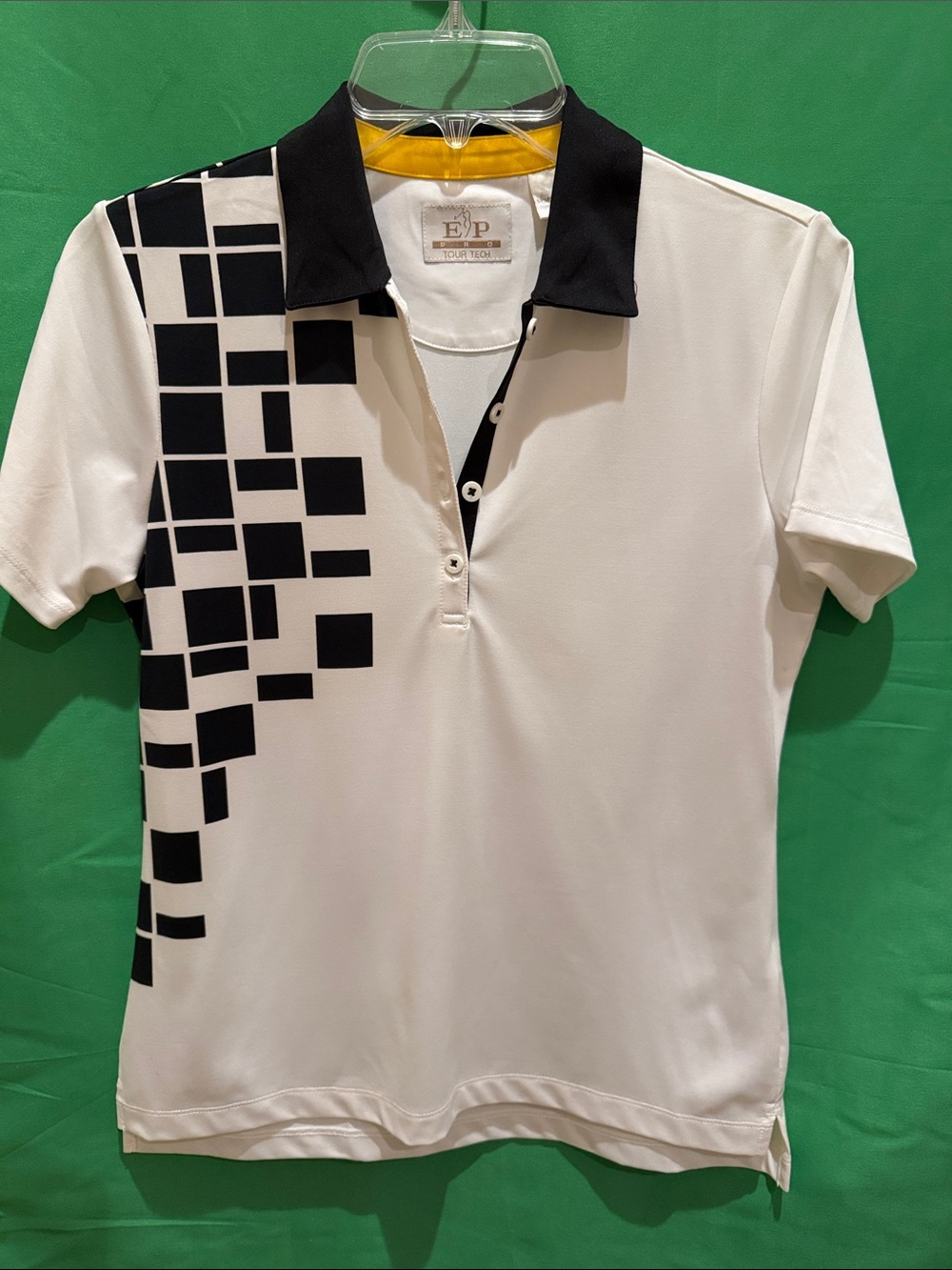 EP Pro Women’s White Polo Shirt with Black Geometric Pattern